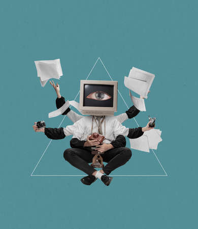 Contemporary art collage. Man, businessman in suit headed with retro computer sitting in yoga lotus pose isolated over abstract backgroundの写真素材