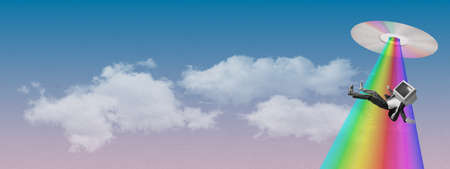 Young man, business man with retro computer, pc instead head flying isolated over cloud sky...