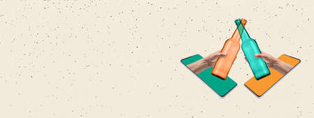 Contemporary art collage of two hands sticking out phone screen and clinking beer bottles each other isolated over white background. Flyerの写真素材