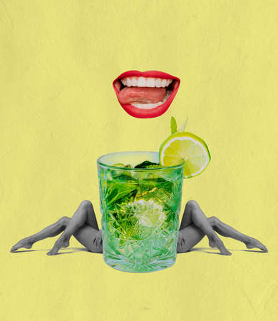 Huge mojito cocktail glass and female slender legs and open mouth isolated on yellow background. Contemporary bright art collage. Surrealismの写真素材