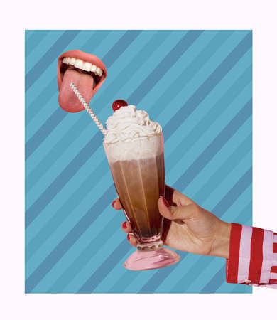 Open female mouth tasting irish coffee isolated on light blue background. Trendy colors. Pop art,...