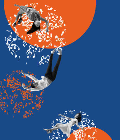 Music, soul and relax. Contemporary artwork. Young people flying over blue and orange background. Concept of surrealism, art, imagination and adの写真素材