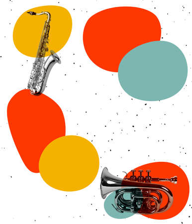 Contemporary art collage. Concept of music lifestyle, creativity, inspiration, imagination, ad. Musical instruments on bright backgroundの写真素材