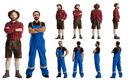 Profile, front and back view of men, auto mechanic in dungarees and waiter standing isolated on white background. Concept of labor, occupationの写真素材
