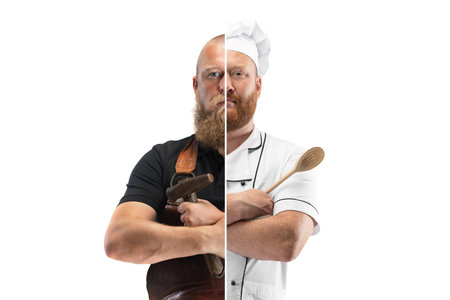 Artwork. Composite image of two halves of body of cook and smith isolated on white studio background. Concept of occupation, diversity, caree, labor and hobbyの写真素材