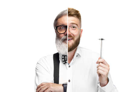 Artwork. Composite image of two halves of body of professor and architect isolated on white studio background. Concept of occupation, diversity, caree, labor and hobbyの写真素材