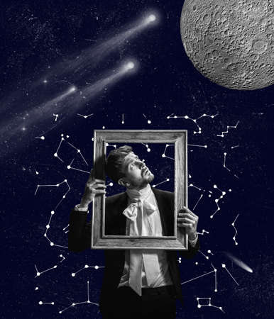 Contemporary art collage. Idea, inspiration, aspiration and creativity. Model like medieval royalty...