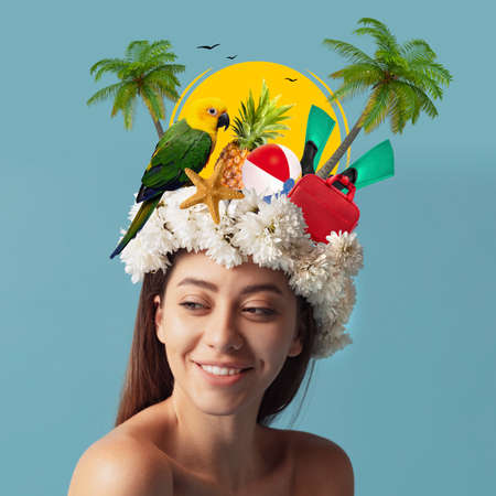 Young woman with travel things on her head. Modern design, contemporary art collage. Inspiration, idea, trendy urban magazine style. Surrealism.の写真素材