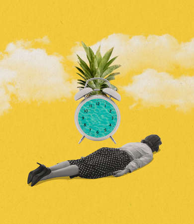 Contemporary art collage. Desperate woman lying face down near alarm clock in shape of pineapple...