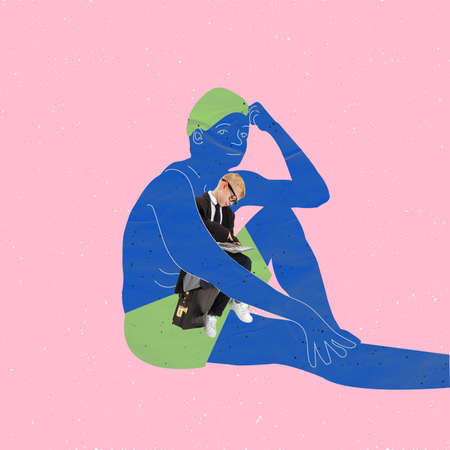 Conceptual creative collage. Contemporary artwork. Drawn silhuette of man trying to accept an inner child in himself. Art, creativity, psychology, inner world, fearsの写真素材