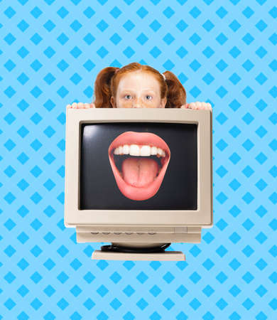 Creative artwork. Contemporary art collage. Curious little girl stick out from vintage computer...