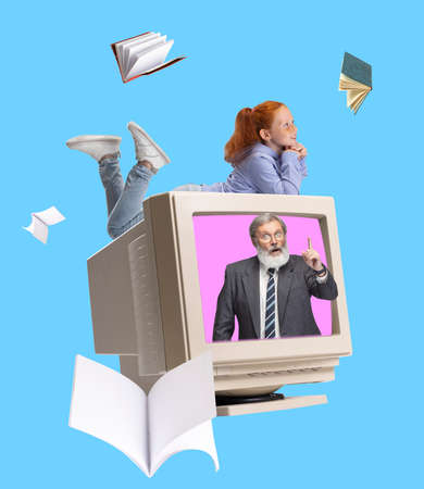 Contemporary art collage. Happy little girl and senior teacher in retro computer isolated over blue...
