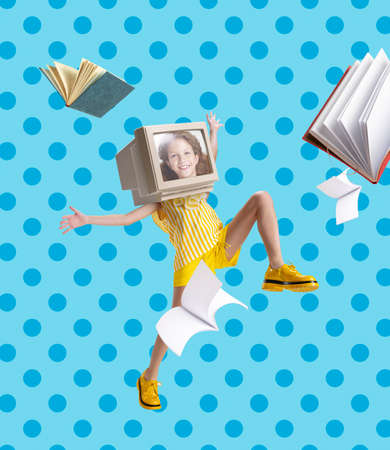 Creative artwork. Contemporary art collage. Cheerful little girl walking with vintage computer...