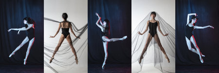 Flexibility and emotions. Collage of portraits of female ballet dancers dancing on dark studio background. Models in stage images.の写真素材