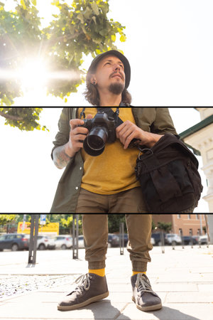 Creative collage. Portrait of young man, photographer, cameraman with professional camera, equipment during working summer day outdoors. Concept of occupation, job, educationの写真素材