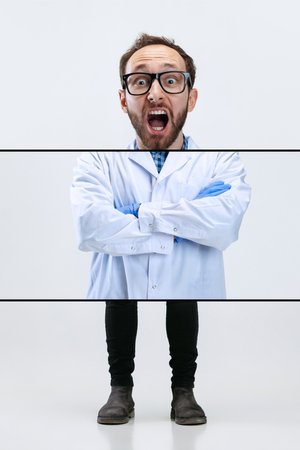 Composite image, collage with of young chemist, doctor shouting, screaming isolated on white background. Concept of pharmacology. Funny meme emotionsの写真素材