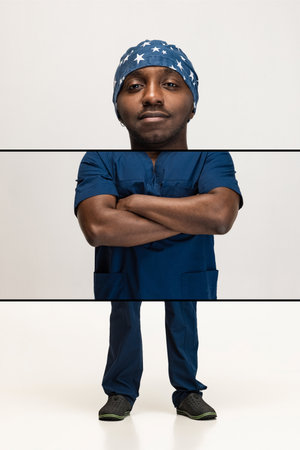 Composite image, collage with of young doctor standing with crossed arms isolated on white background. Concept of medicine. Funny meme emotionsの写真素材