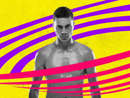 Professional male muscular athlete on bright abstract background. Contemporary creative art collage. Inspiration, idea, sport, fashion and style.の写真素材