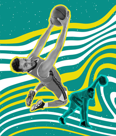 Contemporary art collage with young sportive man, professional basketball player jumping with ball isolated on bright abstract geometric background.の写真素材