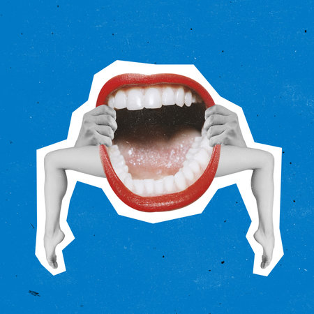 Modern design, contemporary art collage. Inspiration, idea, trendy urban magazine style. Big female mouth with bright red lipstick on female legsの写真素材