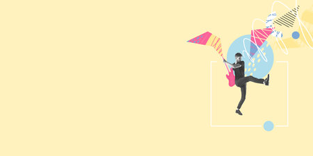 Young man, musician playing guitar on pastel color background with geometric pattern. Modern design. Conceptual, contemporary artcollage. Art, music, fashionの写真素材