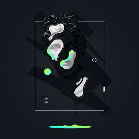 Contemporary art collage with plaster head statue isolated on dark fluid geometric background with...