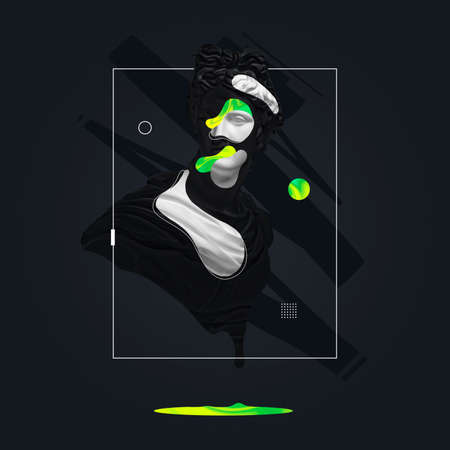Contemporary art collage with plaster head statue isolated on dark fluid geometric background with neon paints. Modern design. Line art. Surrealism. Modern unusual art.の写真素材