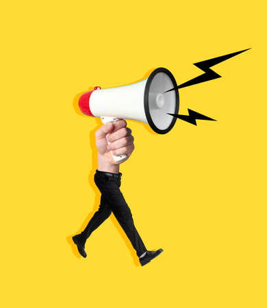 Contemporary art collage. Composition with business man with hand instead body holding megaphone sounds like a siren. Concept of art, surrealism, news, news, infoの写真素材