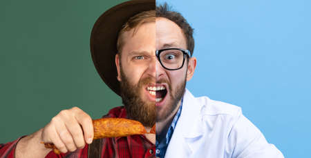 Art collage. Composite image of two halves of body of waiter and doctor shouting isolated on green...