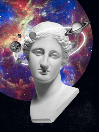Conceptual creative artwork. Ideas, inspirations, imagintaions. Bust of ancient statue on dark...