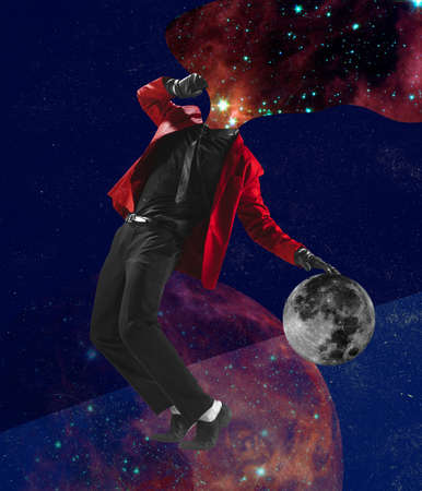 Composition with stylsih man playing basketball with planet on outer space background. Concept of...