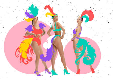 Three excited, slim girls wearing drawn colorful carnival costumes on abstract background. Concept...