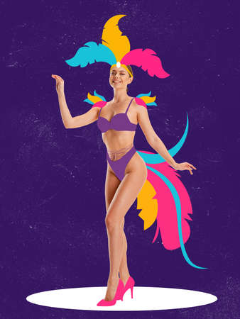 Contemporary art collage with adorable happy woman wearing drawn colorful carnival costume on...