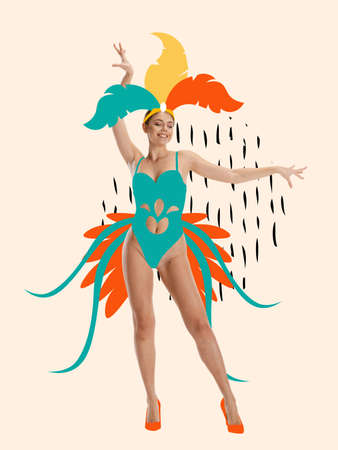 Contemporary art collage with beautiful young woman in drawn colorful carnival peacock costume. Concept of festival, holidays, art, fashionの写真素材
