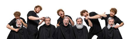 Comic collage made with young red-headed male barber doing creative haircut for senior man. Concept...