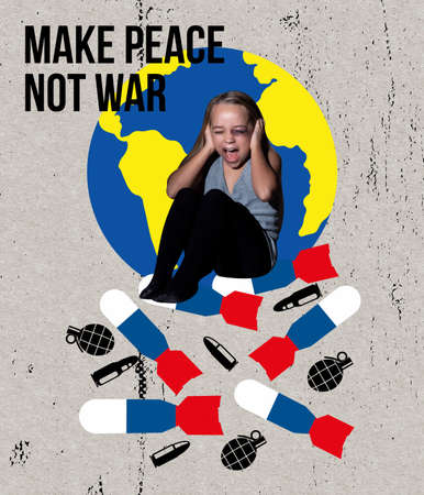 Scared crying little Ukrainian girl, kid sitting in shock isolated on gray background. Peace, no...