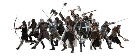 Army. Brave armored knights with professional weapon fighting isolated on white studio background. Historical reconstruction of native fight of warriors.の写真素材