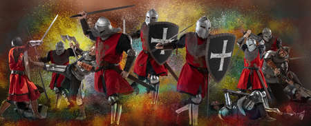 Fight, battle. Cinematic art collage with brutal serious medieval warriors or knights war clothes...