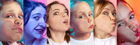 Collage. Close-up faces of young girls and kids crushed on glass isolated on colored background....