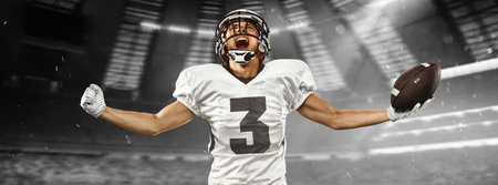 Emotional excited man, american football player in sports equipment at stadium in motion. Action, activity, sportlife concept. Flyer, poster for ad, design.の写真素材