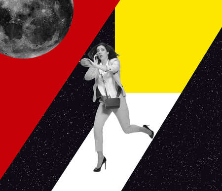 Contemporary art collage. Businesswoman running in a hurry, talking on phone, being lateの写真素材