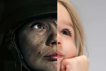 Composite image. Half-faced portraits of young woman in military uniform and little girl, child....