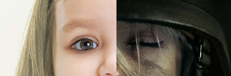 Collage. Half-faced portraits of young woman in military uniform and little girl, child. Free and...