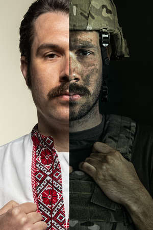 Half-faced portraits of man in military uniform and ukrainian national outfit called vyshyvanka....