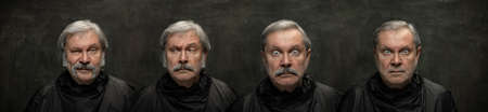 Emotions. Set of portraits of senior man looking at camera isolated on dark vintage background....