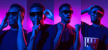 Collage with portraits of young emotional dark skinned man isoaletd on dark background in neon....