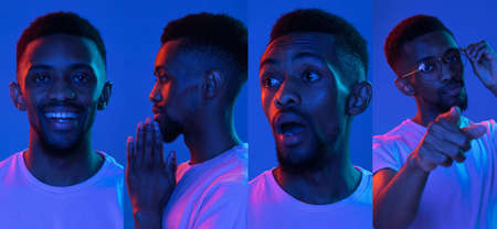 Collage with portraits of young emotional dark skinned man isoaletd on dark background in neon....