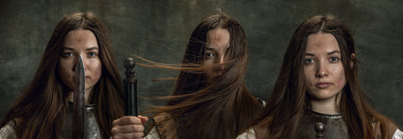 Set made of vintage close-up portraits of adorable woman, medieval female warrior or knight with dirty wounded face looking at camera isolated over dark retro background.の写真素材