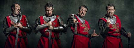 Collage with vintage portraits of funny medieval warrior or knight with dirty wounded face holding sword isolated over dark background. Comparison of eras, funny meme emotionsの写真素材