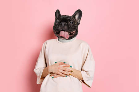 Contemporary creative art collage with young woman headed of dogs head. Ideas, inspiration, emotions. Surrealismの写真素材